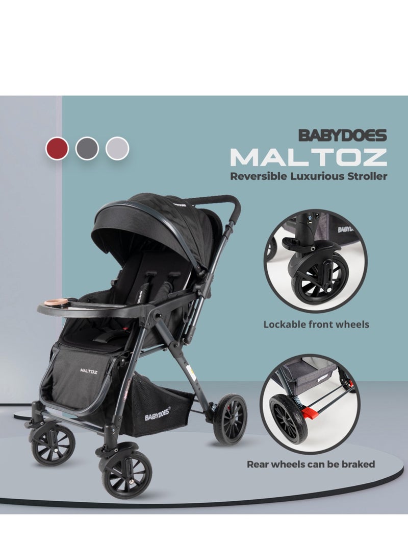 BABYDOES - Maltoz - Baby Stroller With 5-Point Harness, Reversible Handle, Adjustable Seat, Large Canopy, One-Click Brake System, 0-4 Years (Up To 20 Kg) - Black - Image 1