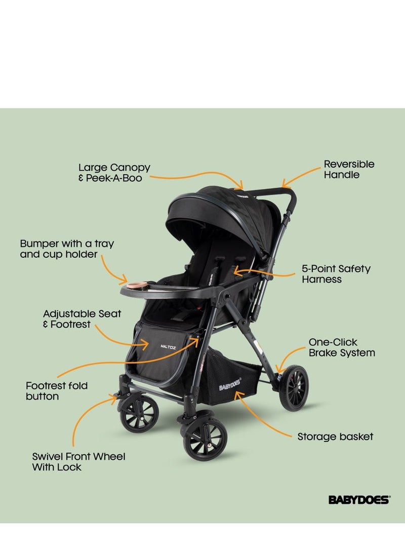 BABYDOES - Maltoz - Baby Stroller With 5-Point Harness, Reversible Handle, Adjustable Seat, Large Canopy, One-Click Brake System, 0-4 Years (Up To 20 Kg) - Black - Image 1