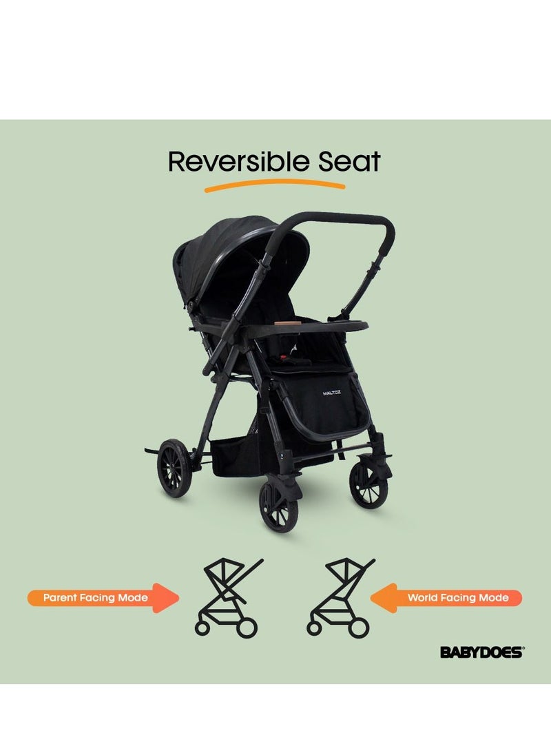 BABYDOES - Maltoz - Baby Stroller With 5-Point Harness, Reversible Handle, Adjustable Seat, Large Canopy, One-Click Brake System, 0-4 Years (Up To 20 Kg) - Black - Image 1