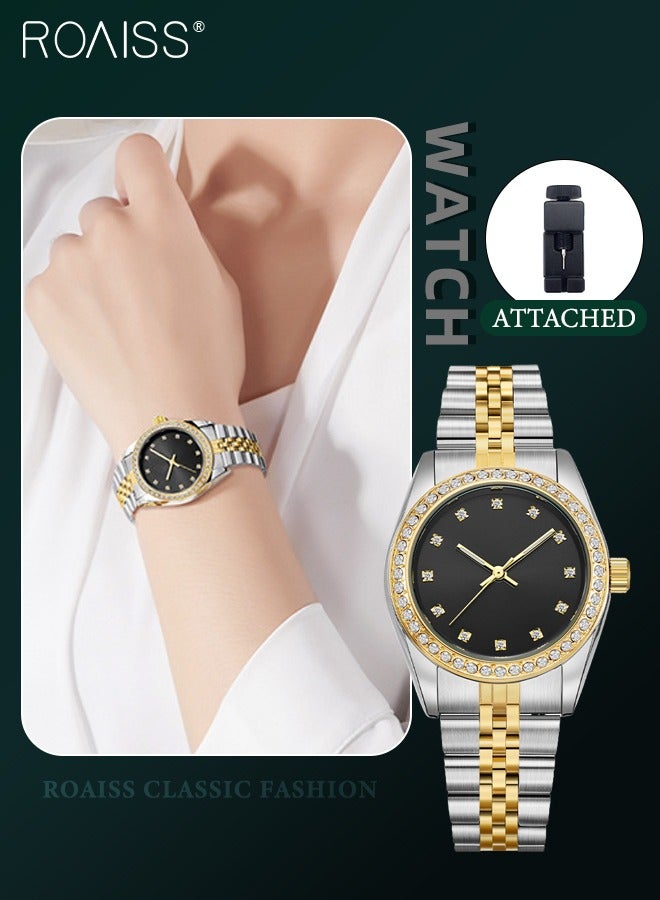 رويس ساعة كوارتز نسائية بسوار فولاذي، ساعة ذات قرص مستدير أسود مع إطار مزين بأحجار الراين، ساعة فاخرة مقاومة للماء كهدية للسيدات - Image 1