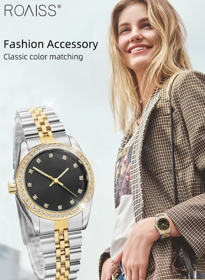 رويس ساعة كوارتز نسائية بسوار فولاذي، ساعة ذات قرص مستدير أسود مع إطار مزين بأحجار الراين، ساعة فاخرة مقاومة للماء كهدية للسيدات - Image 2
