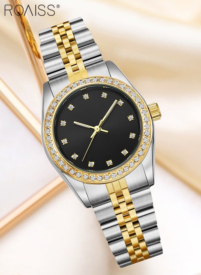 رويس ساعة كوارتز نسائية بسوار فولاذي، ساعة ذات قرص مستدير أسود مع إطار مزين بأحجار الراين، ساعة فاخرة مقاومة للماء كهدية للسيدات - Image 3