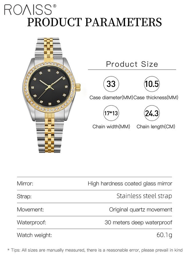 رويس ساعة كوارتز نسائية بسوار فولاذي، ساعة ذات قرص مستدير أسود مع إطار مزين بأحجار الراين، ساعة فاخرة مقاومة للماء كهدية للسيدات - Image 4