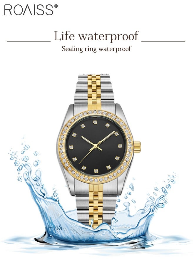 رويس ساعة كوارتز نسائية بسوار فولاذي، ساعة ذات قرص مستدير أسود مع إطار مزين بأحجار الراين، ساعة فاخرة مقاومة للماء كهدية للسيدات - Image 5