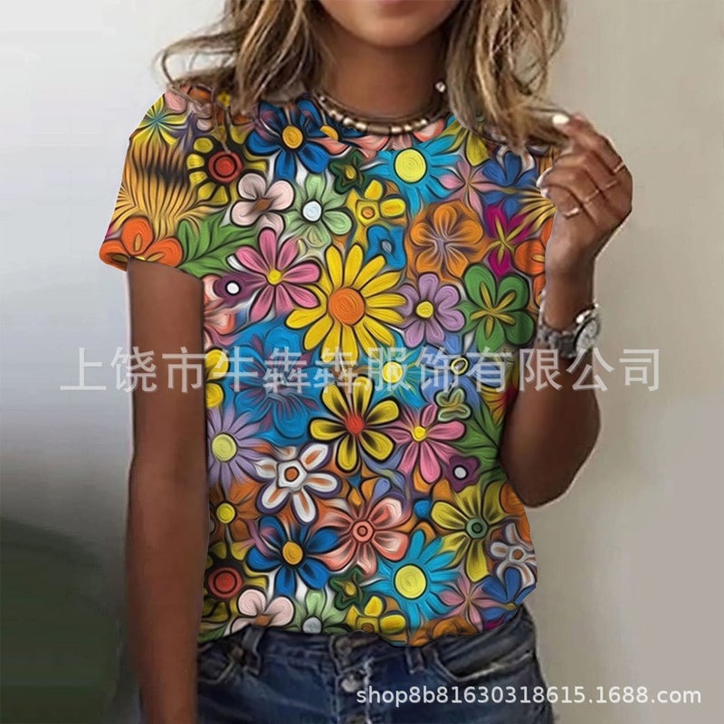 Summer 3Dt Shirt Short Sleeve Leisure Floral Wind Printing Ladies Short Sleeve T-Shirt - Image 3