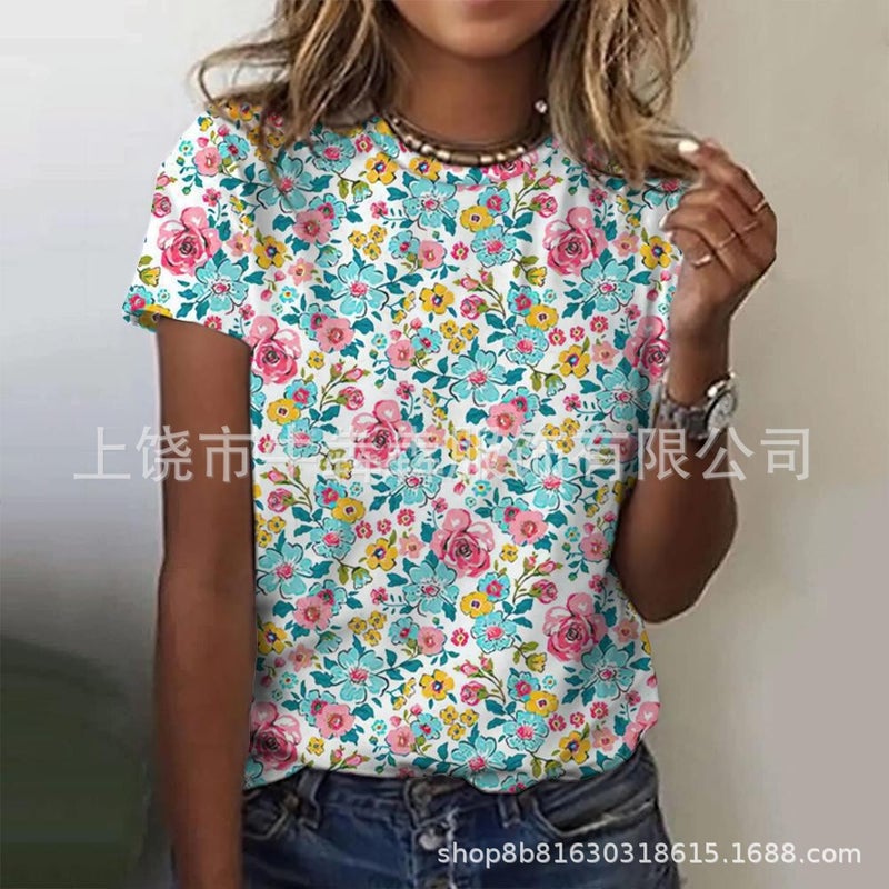 Summer 3Dt Shirt Short Sleeve Leisure Floral Wind Printing Ladies Short Sleeve T-Shirt - Image 2