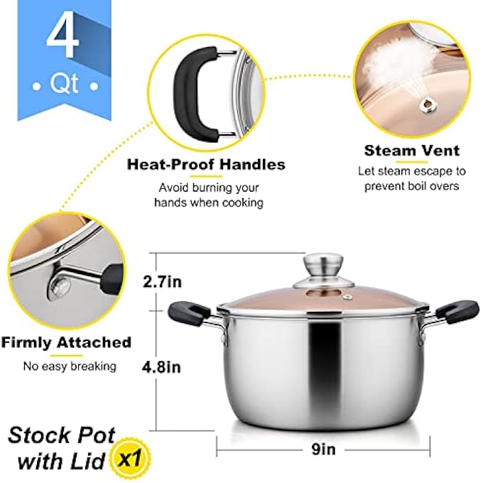 E-far 4 Quart Stock Pot Stainless Steel Metal Soup Pot With Glass Lid For Cooking Healthy  Rust Free Heavy Duty  Dishwasher Safe - Image 4