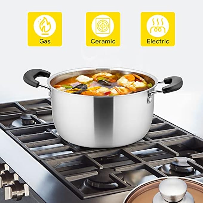 E-far 4 Quart Stock Pot Stainless Steel Metal Soup Pot With Glass Lid For Cooking Healthy  Rust Free Heavy Duty  Dishwasher Safe - Image 3