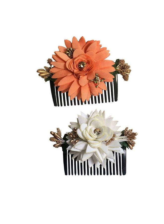 Arooman™ Bridal Fancy Hair Accessories Floral Clip Side Comb Juda Pin for Women and Girls Pack-02,Color-Peach And White