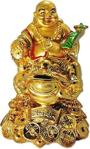 Love 2 Buy Love 2 Buy Feng Shui Laughing Buddha with Money Frog On Bed of Wealth Figurine Standard Size Golden 