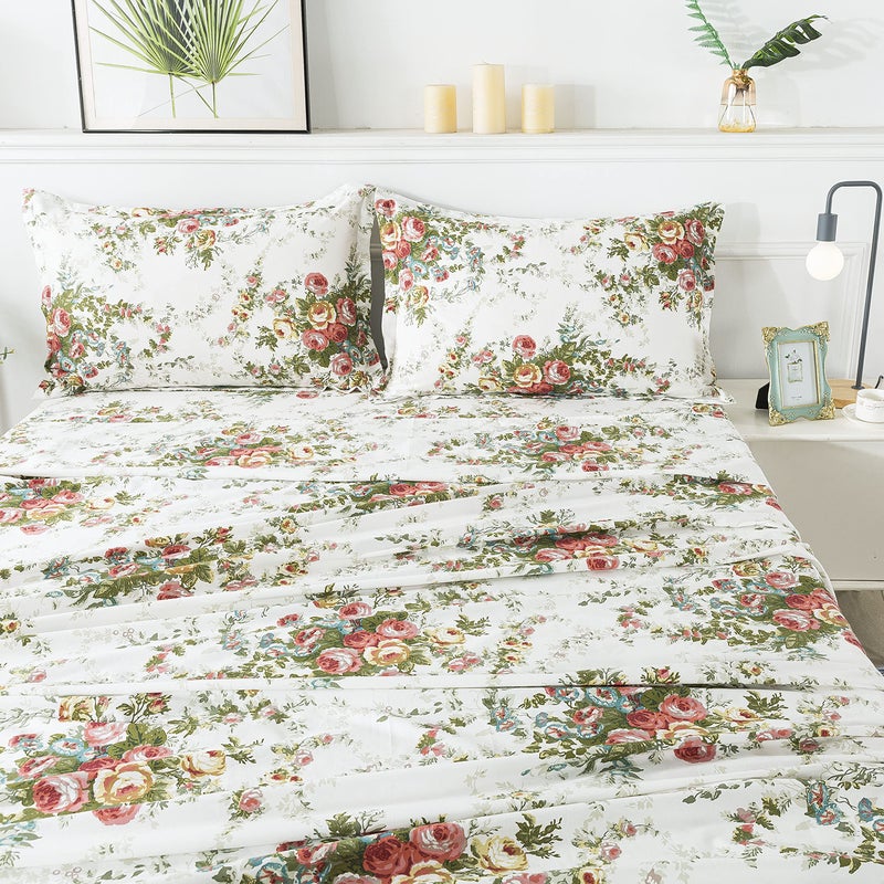FADFAY Vintage Rose Floral Bed Sheet Set King Size Premium 100% Cotton Shabby Floral Chic Off White Farmhouse Bedding Deep Pocket Fitted Sheet 4-Pieces- 1Flat Sheet  1 Fitted Sheet  2 Pillowcases - Image 4
