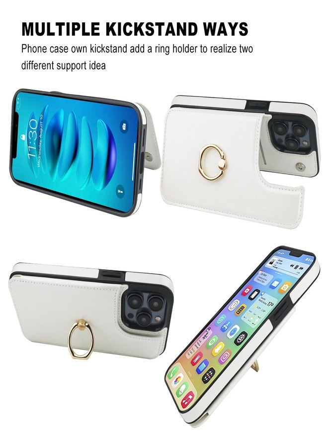 OT ONETOP جراب Onetop لهاتف iPhone 14 Pro Max مزود بحامل بطاقات، وحلقة دوارة 360 درجة، وحامل قابل للطي، وغطاء من الجلد الصناعي PU مقاوم للصدمات مع مشبك مغناطيسي مزدوج، وتقنية حجب RFID، مناسب للنساء والفتيات، مقاس 6.7 بوصة (أبيض). - Image 4