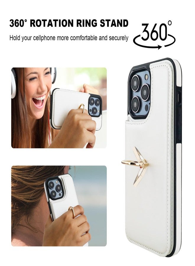 OT ONETOP جراب Onetop لهاتف iPhone 14 Pro Max مزود بحامل بطاقات، وحلقة دوارة 360 درجة، وحامل قابل للطي، وغطاء من الجلد الصناعي PU مقاوم للصدمات مع مشبك مغناطيسي مزدوج، وتقنية حجب RFID، مناسب للنساء والفتيات، مقاس 6.7 بوصة (أبيض). - Image 5