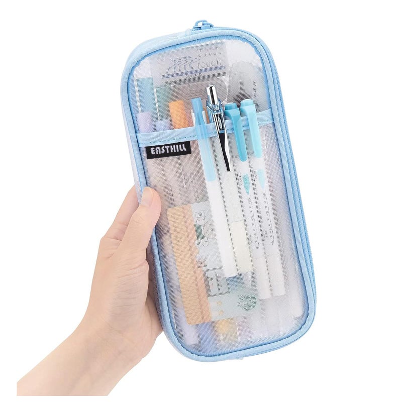 EASTHILL Grid Mesh Pen Pencil Case with Zipper Clear Makeup Color Pouch Cosmetics Bag MultiPurpose Travel School Teen Girls Transparent Stationary Bag Office Organizer Box for AdlutsBlue