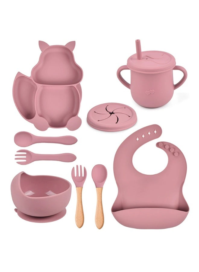 8 Pcs Baby Feeding Set, Food-grade Silicone Baby Tableware Set, Squirrel Baby Cutlery and Plates Set, Non-Slip Infant Dinnerware Set, Baby Self Feeding Utensils