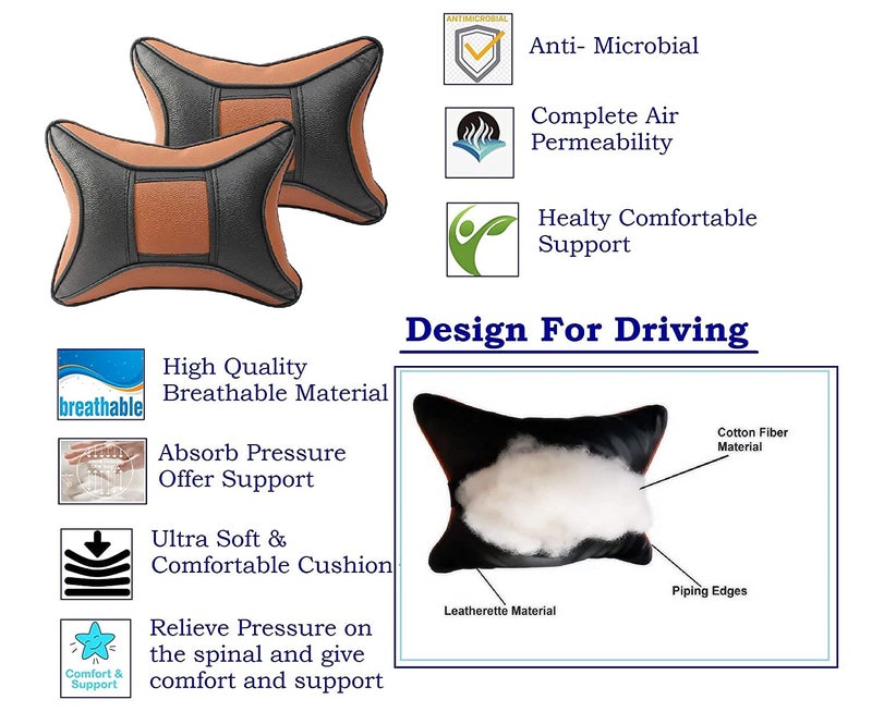 Auto Hub Car Neck Rest Pillow, Car Cushion for All Cars - PU Leather, Pack of 2 (Eye-Black-Tan) - Image 3
