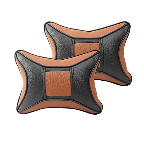 Auto Hub Car Neck Rest Pillow, Car Cushion for All Cars - PU Leather, Pack of 2 (Eye-Black-Tan) - Image 1