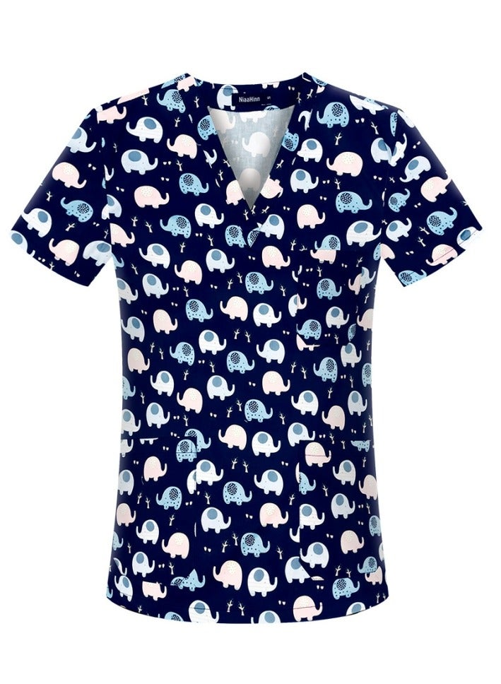 Loquat Cartoon Printed V-Neck Medical Uniform Scrubs Top Comfty Soft Workwear