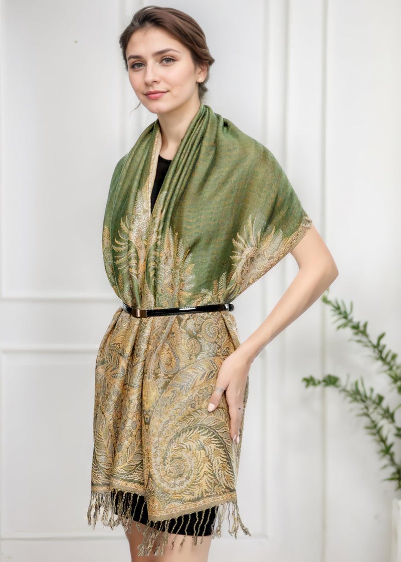 Achillea Luxurious Double Layered Jacquard Big Paisley Pashmina Shawl Wrap Scarf (Olive Green) - Image 3