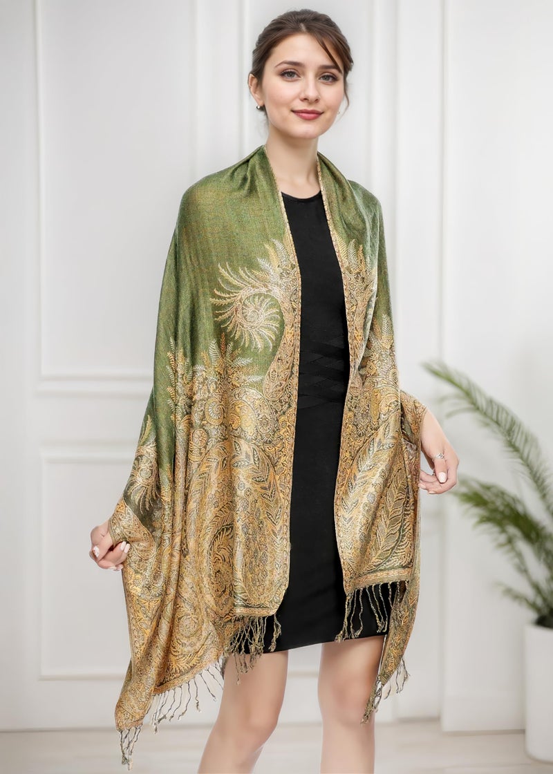 Achillea Luxurious Double Layered Jacquard Big Paisley Pashmina Shawl Wrap Scarf (Olive Green) - Image 4