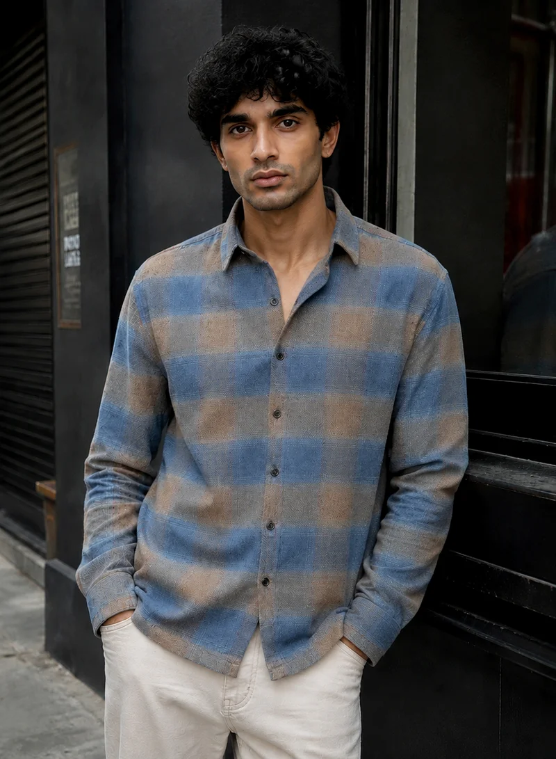 CAHOOT Men's Blue-Check Checkered Regular Shirt For Casual Wear | Collared Neck | Long Sleeve | Button Closure | Cotton Shirt Crafted With Comfort Fit For Everyday Wear (3733)