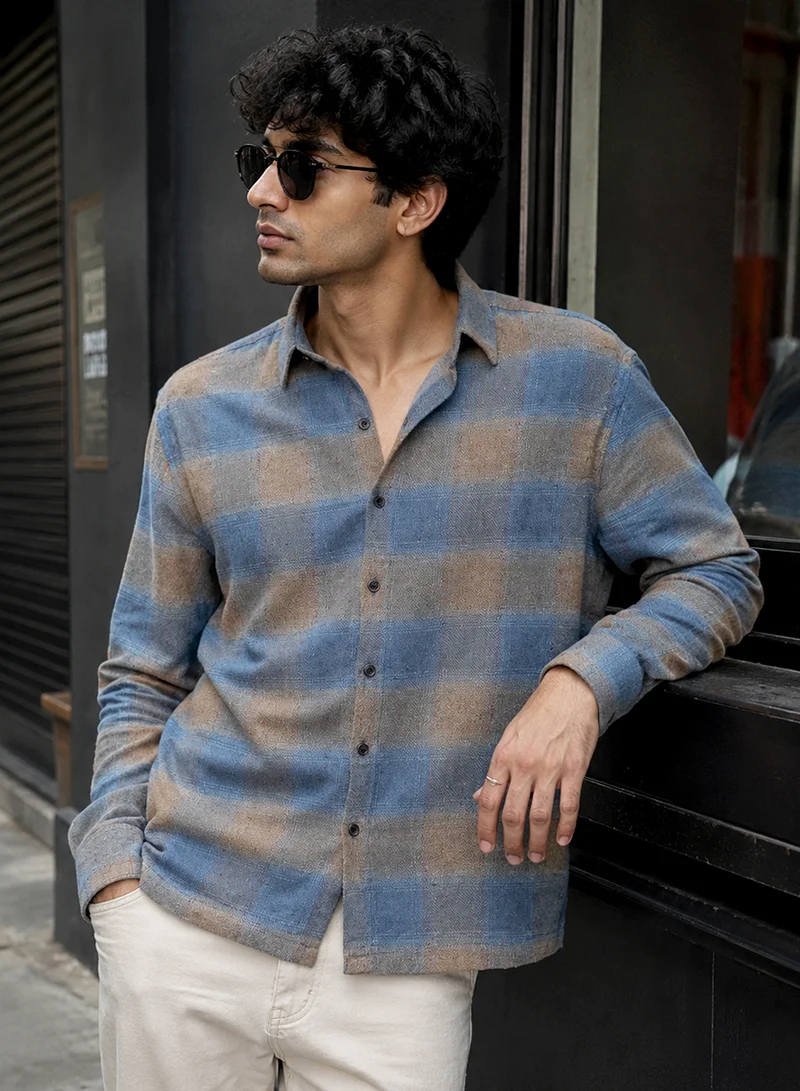 CAHOOT Men's Blue-Check Checkered Regular Shirt For Casual Wear | Collared Neck | Long Sleeve | Button Closure | Cotton Shirt Crafted With Comfort Fit For Everyday Wear (3733)