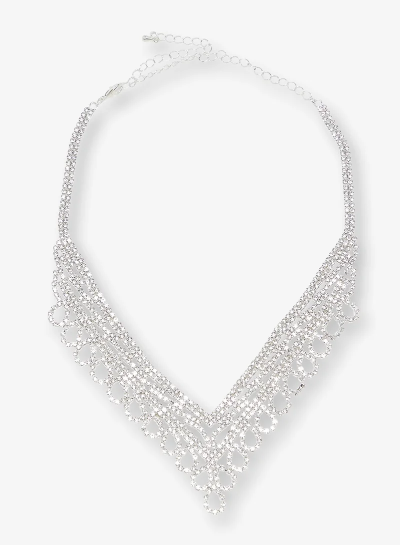 Khizana Silver Diamonte Rhinestone Drop Down Jewelry Set With Earrings Necklace
