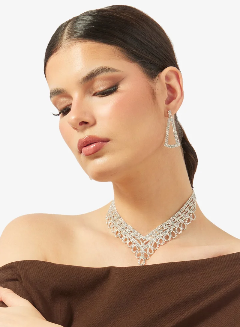 Khizana Silver Diamonte Rhinestone Drop Down Jewelry Set With Earrings Necklace