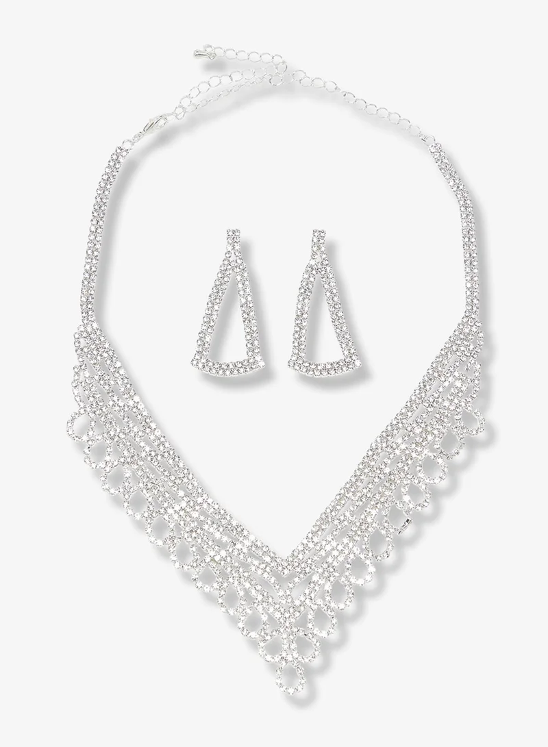 Khizana Silver Diamonte Rhinestone Drop Down Jewelry Set With Earrings Necklace