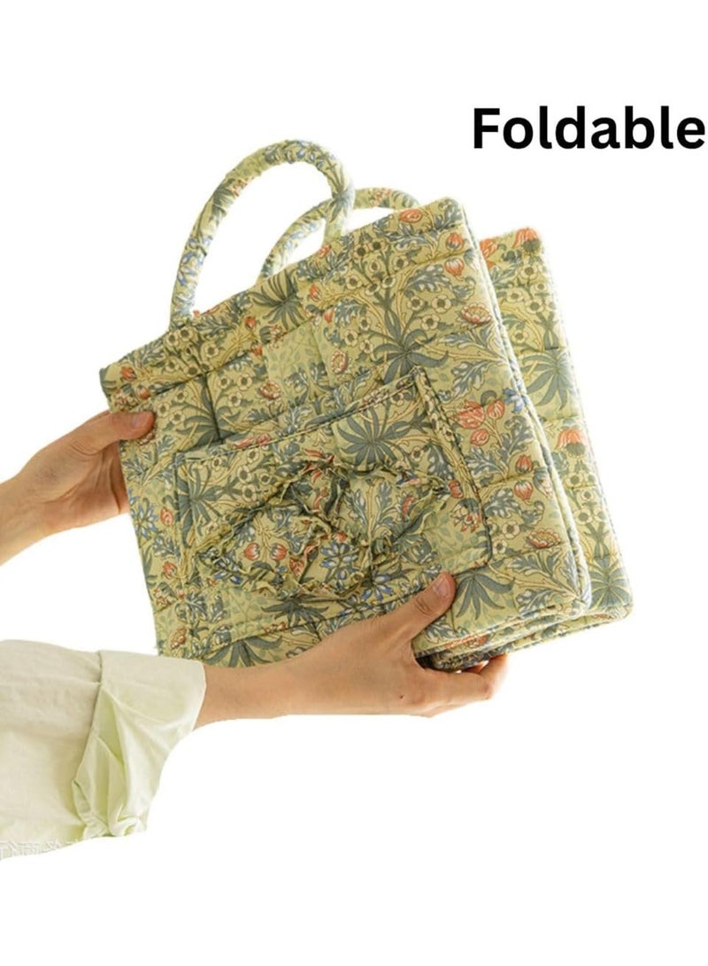 Vintage Boho Quilted Cotton Storage Basket with Handles, Foldable Olive Floral Pattern Organizer - Image 2
