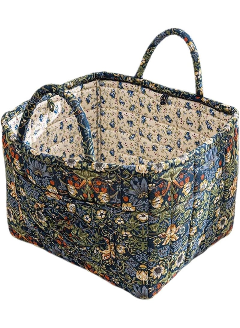 Vintage Boho Quilted Cotton Storage Basket with Handles, Foldable Olive Floral Pattern Organizer - Image 1