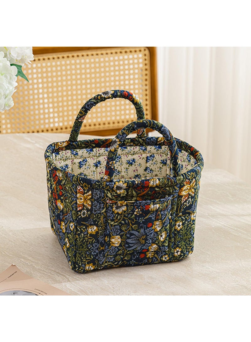Vintage Boho Quilted Cotton Storage Basket with Handles, Foldable Olive Floral Pattern Organizer - Image 5