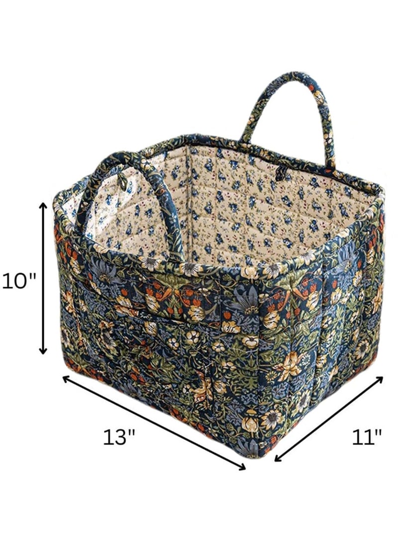 Vintage Boho Quilted Cotton Storage Basket with Handles, Foldable Olive Floral Pattern Organizer - Image 3