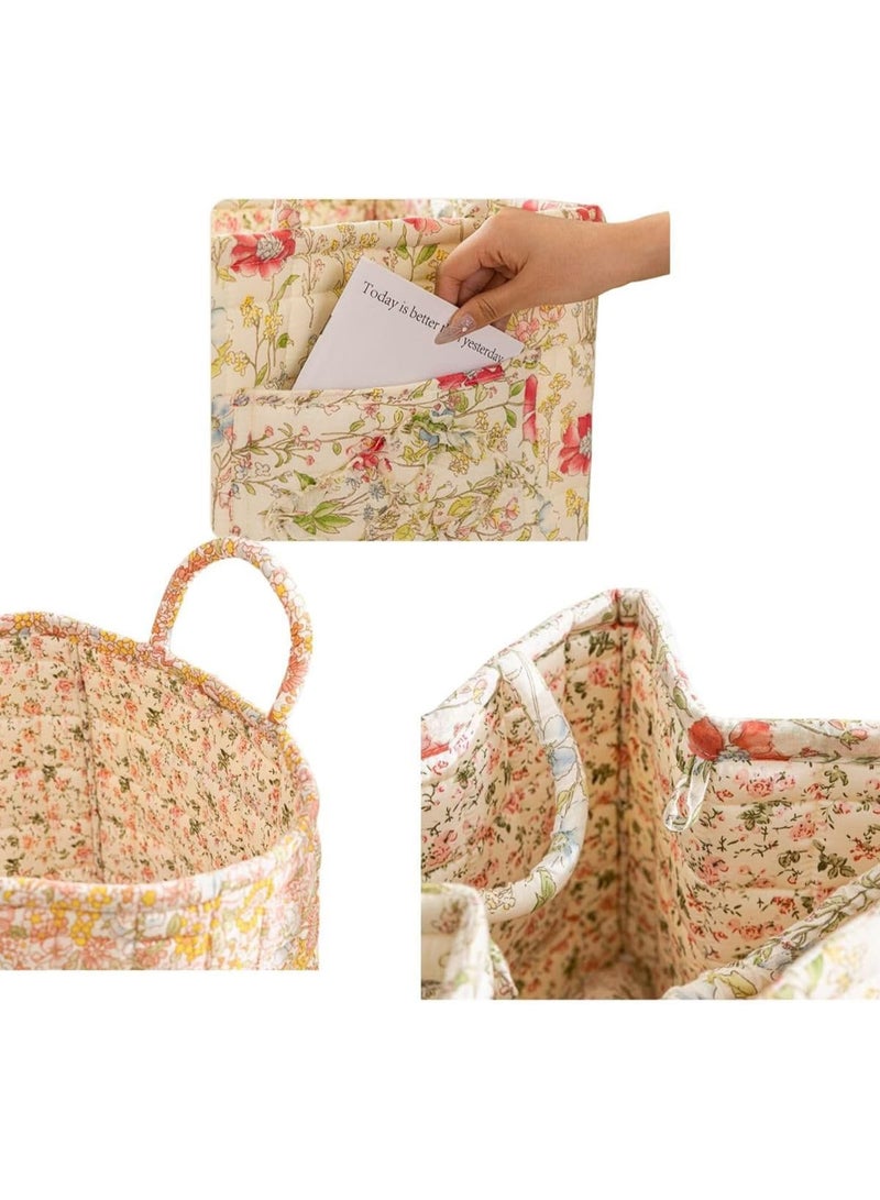 Vintage Boho Quilted Cotton Storage Basket with Handles, Foldable Olive Floral Pattern Organizer - Image 4