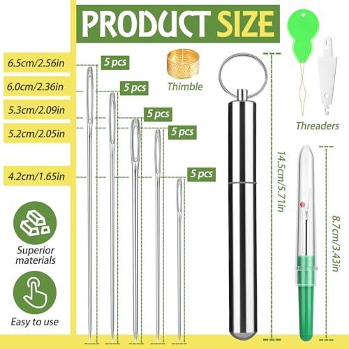 Fteven 25PCS Embroidery Needles, Large Eye Sewing Needles, 5 Size Hand Sewing Needles with Aluminium Storage Tube Threaders,Sewing Sharp Needles for Stitching Crafts, Quilting - Image 2