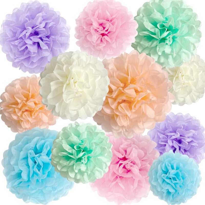 ANSOMO Pastel Tissue Paper Pom Poms Party Decorations Rainbow Ice Cream Easter Macaron Flowers Wall Hanging Dcor Supplies Birthday Bridal Baby Shower Colorful Pink Purple Peach Mint Green Blue Ivory