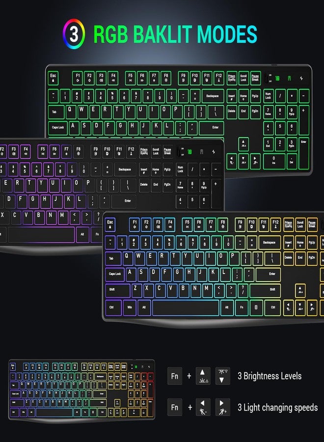 Lovaky Wireless Keyboard and Mouse Combo, 2.4G Full-Sized Ergonomic Keyboard Mouse, 3 DPI Adjustable Cordless USB Keyboard and Mouse, Quiet Click for Computer/Laptop/Windows/Mac (RGB Rainbow, 1 Pack) - Image 2