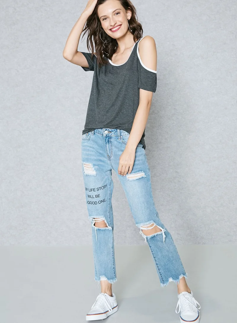 FOREVER 21 Contrast Piping Cold Shoulder Top
