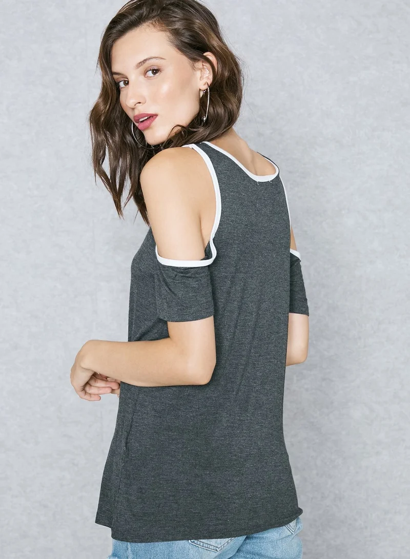 FOREVER 21 Contrast Piping Cold Shoulder Top