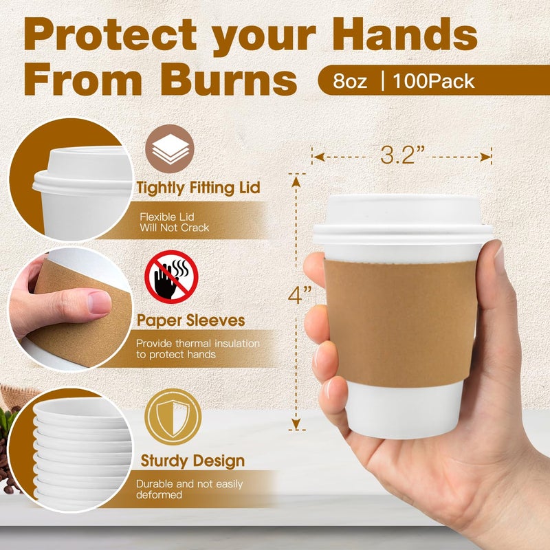 Ginkgo 100 Pack 8 oz Thickened Paper Coffee Cups with White Lids and Sleeves  Disposable To Go Coffee Cups for Espresso Coffee  Hot Chocolate and Cocoa - Image 2