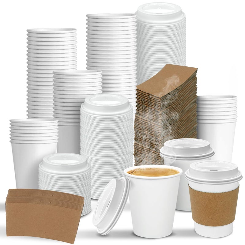 Ginkgo 100 Pack 8 oz Thickened Paper Coffee Cups with White Lids and Sleeves  Disposable To Go Coffee Cups for Espresso Coffee  Hot Chocolate and Cocoa - Image 1