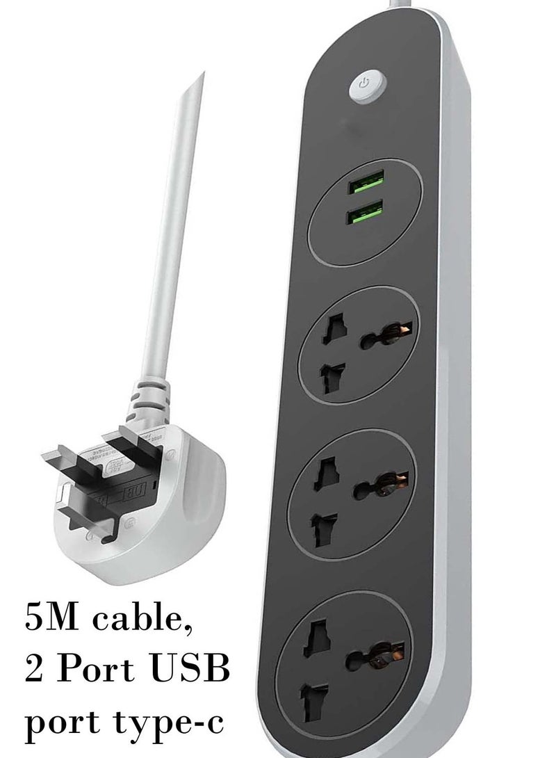 ACHAS 5 Meter Electric Power strip - 2500 w 13 A / 220-240V, with 3 Outlet, 5M cable, 2 Port USB and 1 port type-c for Laptop, PC, MacBook, Home and Office Electrical... - Image 1