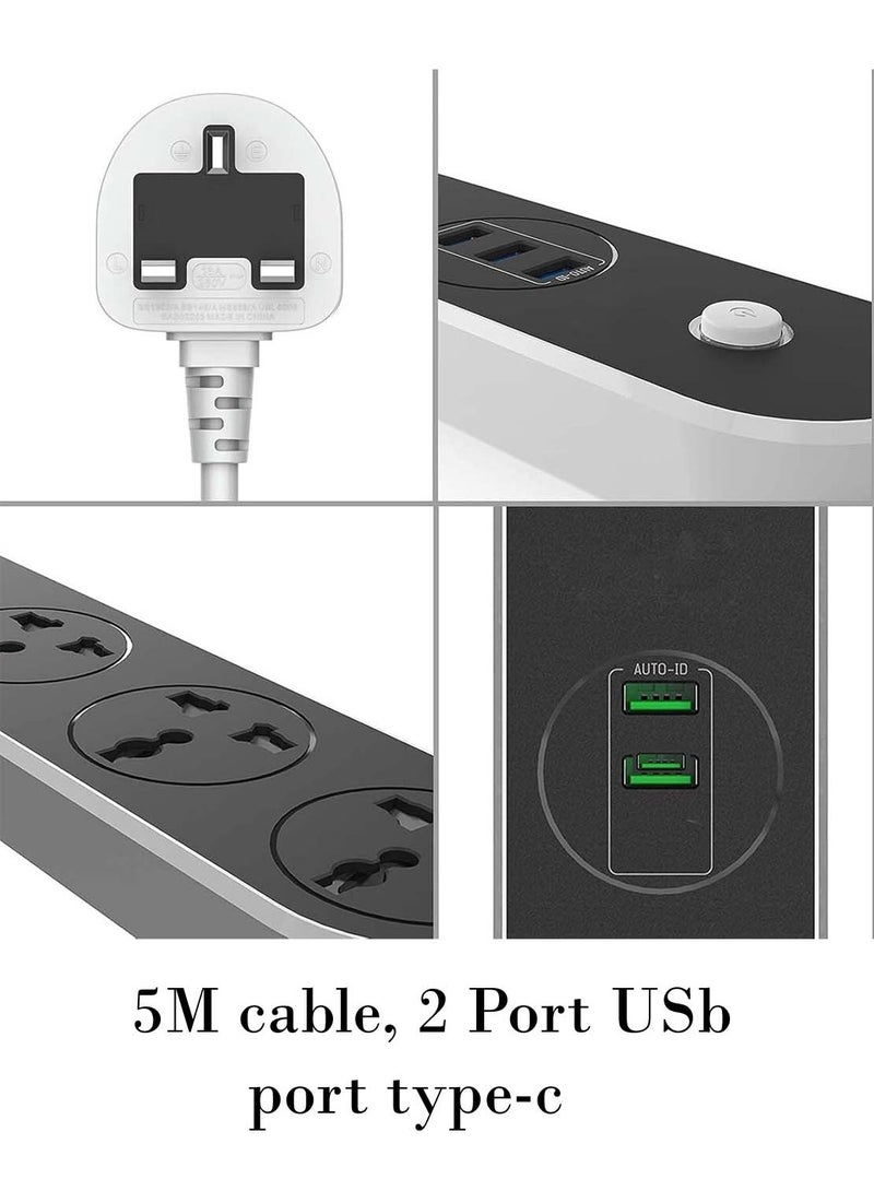 ACHAS 5 Meter Electric Power strip - 2500 w 13 A / 220-240V, with 3 Outlet, 5M cable, 2 Port USB and 1 port type-c for Laptop, PC, MacBook, Home and Office Electrical... - Image 2