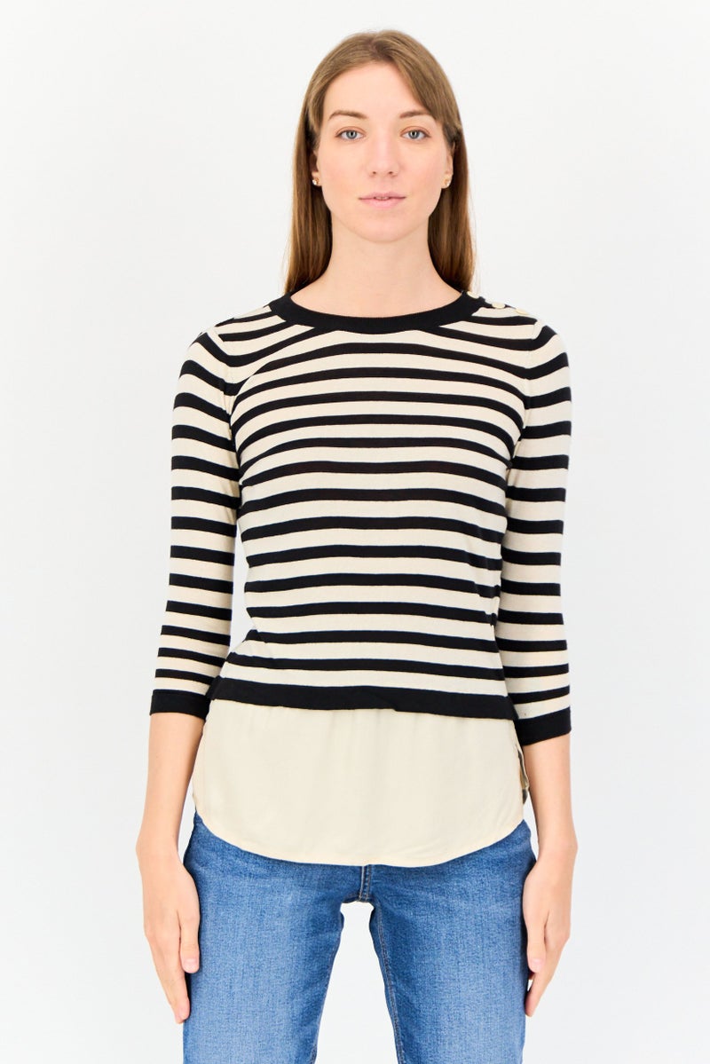 ONLY Women Ribbed Collar 3/4 Sleeves Yarn Dye Top, Multicolor - Image 1