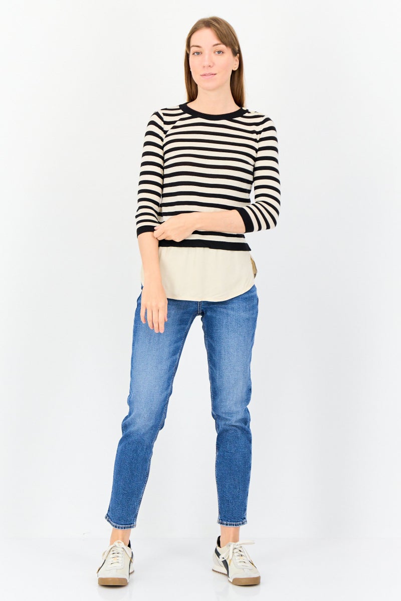 ONLY Women Ribbed Collar 3/4 Sleeves Yarn Dye Top, Multicolor - Image 4