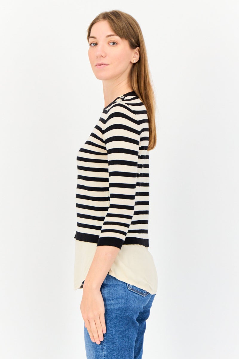 ONLY Women Ribbed Collar 3/4 Sleeves Yarn Dye Top, Multicolor - Image 2