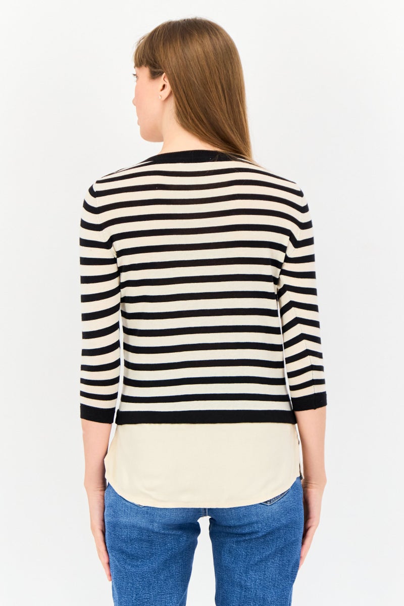 ONLY Women Ribbed Collar 3/4 Sleeves Yarn Dye Top, Multicolor - Image 3