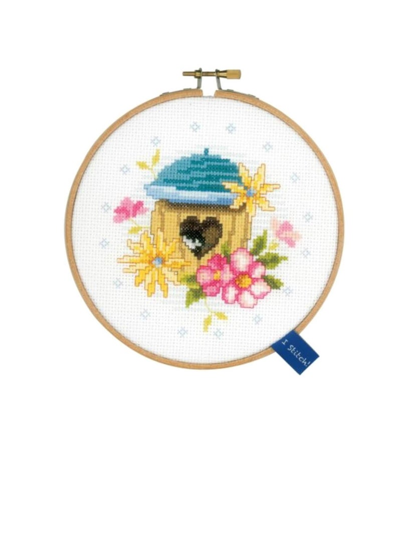 Craft Bird House On Aida Counted Cross Stitch Kit 5.75in Round 14 Count - Image 1