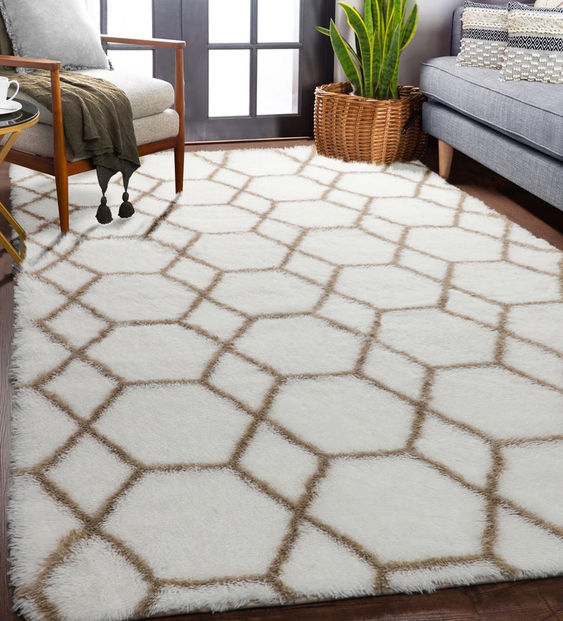 ONASAR 5x7 Area Rugs for Living Room Bedroom Fluffy White and Beige Faux Fur Bedside Rug Geometric Boho Soft Plush Shaggy Floor Carpet Mat for Nursery Kids Girls Teen Dorm Home Decor - Image 2
