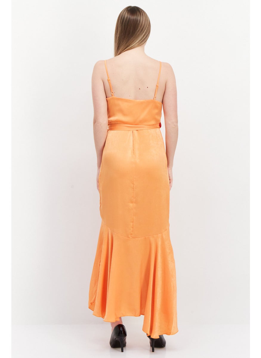 Flounce London Women Plain Tie Waist Wrap Dress, Orange  - Image 4